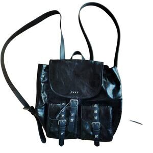 DKNY Black Patent Backpack Real Front Pockets Faux Strap Closures Drawstring Top